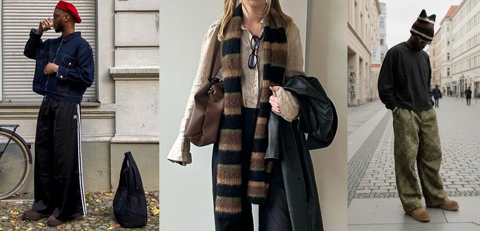 Două ținute: cea din stânga include o bluză crem, un fular cu dungi, pantaloni negri largi și o geantă maro. Cea din dreapta arată un top negru, pantaloni verzi cu un model și o căciulă cu dungi.