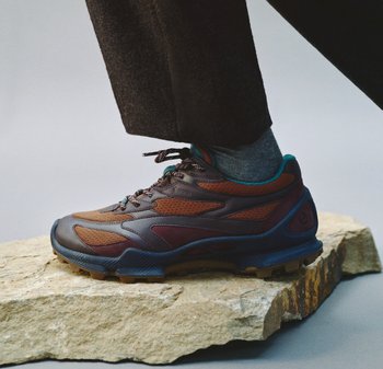 Bruine en donkerblauwe sportschoen met textuur van gaaspanelen, rubberen buitenzool en accentuerende veterlussen. Gepositioneerd op een rotsoppervlak.