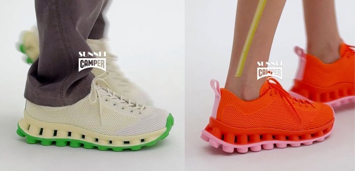 Deux paires de baskets avec des semelles épaisses et segmentées uniques ; l'une en crème avec des accents verts, l'autre en orange vif avec des semelles roses.