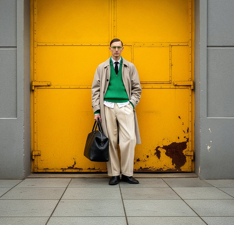 Beige trenchcoat over een groene trui, crèmekleurige broek en zwarte schoenen. Houdt een zwarte tas vast, poseert tegen een roestige gele metalen deur.