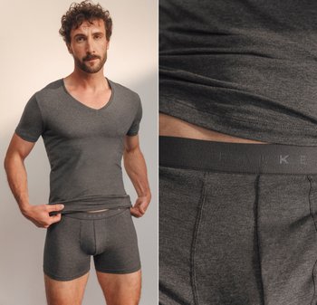 Graues, eng anliegendes T-Shirt mit kurzen Ärmeln und V-Ausschnitt, kombiniert mit passenden dunkelgrauen Boxershorts mit strukturierter Taille und "FALKE"-Logo.