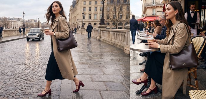 Woman in beige trench coat sitting at outdoor café table holding a coffee cup, with people walking and sitting nearby on a city street.
