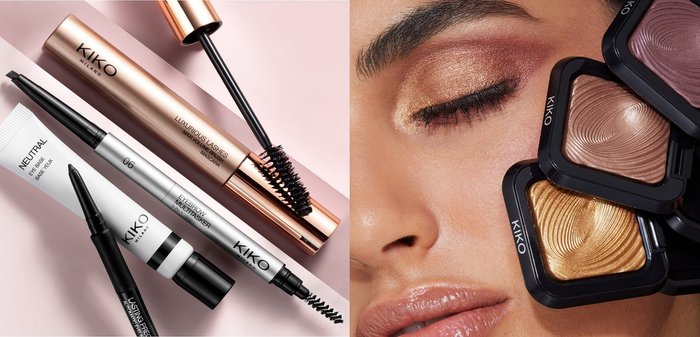 KIKO Milano cosmetics include a gold mascara, brow pencil, eye primer, and three compact eyeshadows in various metallic tones. Smooth textures noted.