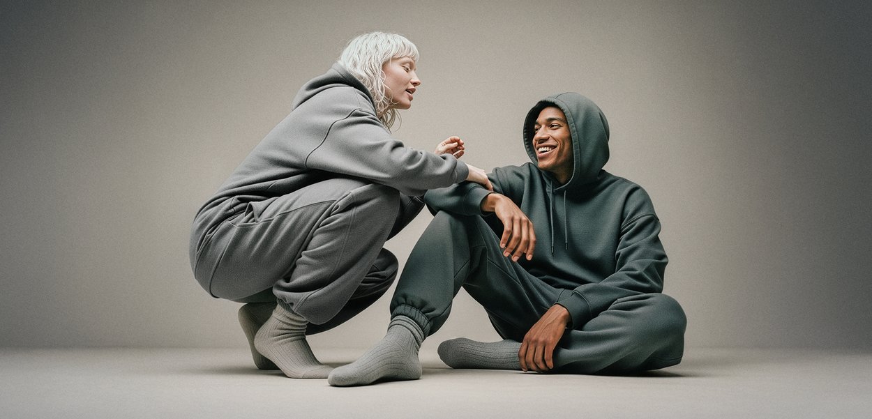 Twee mensen dragen bijpassende donkergrijze capuchontruien en broeken, met geribbelde grijze sokken, zittend tegen een neutrale achtergrond.