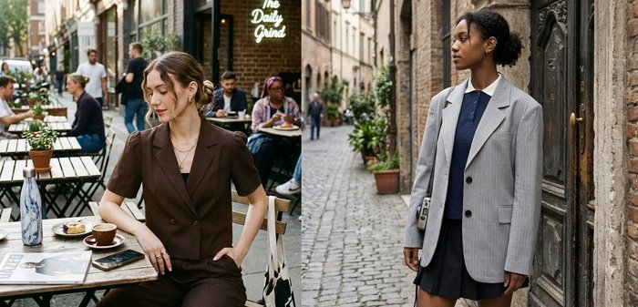 Δύο γυναίκες φορούν κομψά σακάκια· η μια κάθεται σε τραπέζι καφέ με καφέ, η άλλη περπατά σε λιθόστρωτο δρόμο με κτίρια από τούβλα.