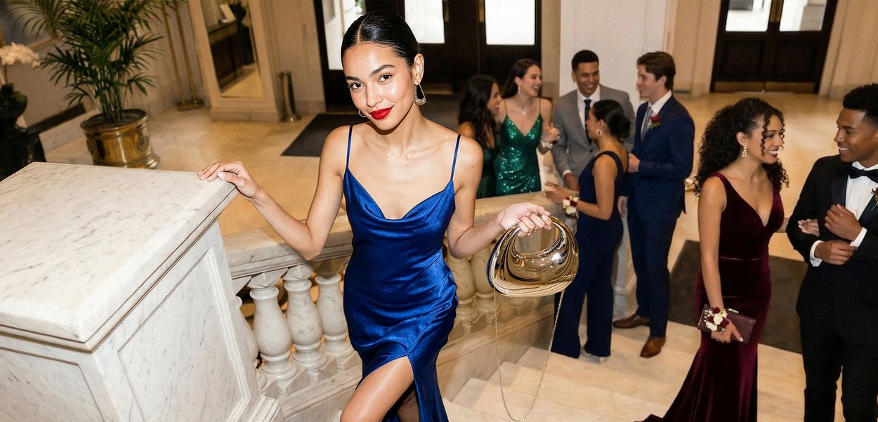 Tânără în rochie albastră din satin pozează pe o scară de marmură în timp ce grupuri îmbrăcate formal conversează într-un decor elegant de eveniment.