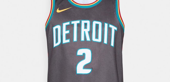 Maillot de basket-ball gris avec l'inscription "DETROIT" en turquoise vif, numéro "2" en turquoise, et des accents rouges, turquoises et jaunes sur les coutures.