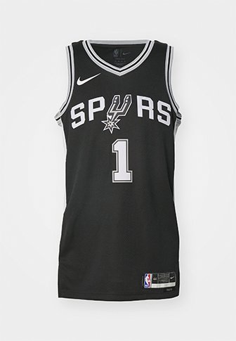 Melnā San Antonio Spurs basketbola forma ar baltu apmali, numurs 1 un komandas logotips priekšpusē.