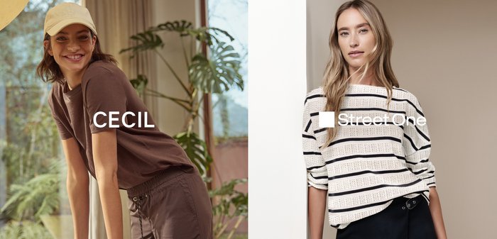 Kaksi naista mallintavat rentoja asuja: toinen ruskeassa T-paidassa ja housuissa, lippalakki päässään ja nojaten pöytään, toinen raidallisessa villapaidassa ja mustassa hameessa.