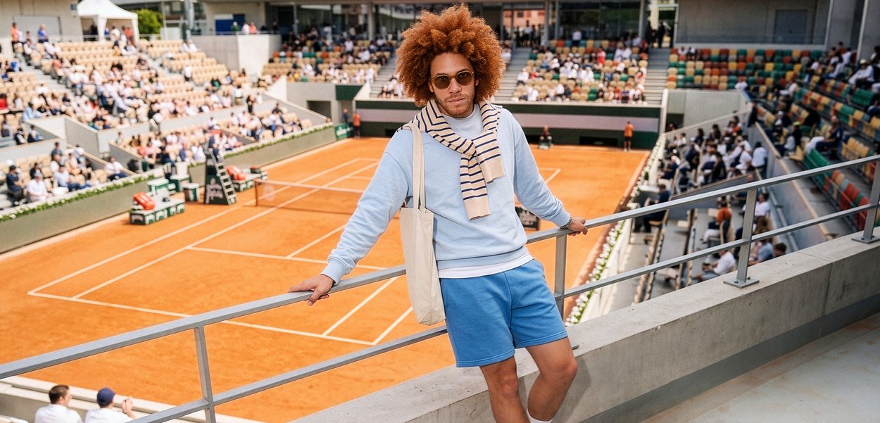 Homme aux cheveux bouclés, lunettes de soleil, pull léger, shorts bleus et sac fourre-tout, appuyé sur une rambarde, regardant un court de tennis en terre battue bondé dans un stade en plein air.