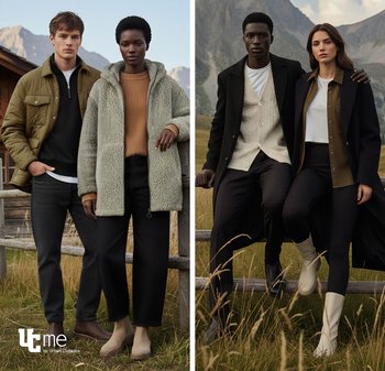 Deux groupes de trois mannequins portant différentes tenues d'hiver : une veste verte, un manteau gris texturé, et un long manteau noir. Palette de couleurs neutres.