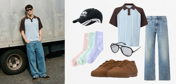 Άνδρας με καφέ και ανοιχτό μπλε πλεκτό πόλο, άνετο μπλε τζιν, μαύρα γυαλιά ηλίου και καφέ αθλητικά παπούτσια στέκεται δίπλα σε ένα φορτηγό· ταίριαστο σύνολο ρούχων δίπλα του.