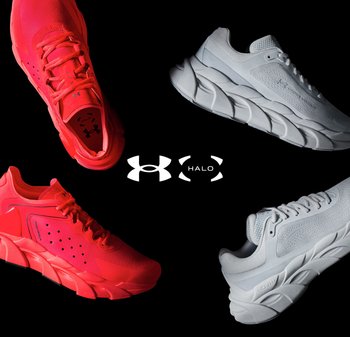 Rote und weiße Sportschuhe aus strukturiertem Mesh und glatten Materialien, mit einzigartigen hybriden Sohlen-Designs, vor einem schwarzen Hintergrund platziert.