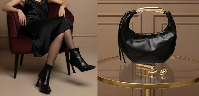 Zwarte leren enkellaarsjes met een spitse neus en stilettohak, gecombineerd met transparante panty en een zwarte satijnen jurk, zittend op een bordeauxrode stoel.