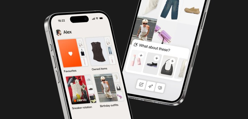 Des écrans de smartphone affichant une application de mode avec des catégories de vêtements, des photos de tenues et des suggestions de produits à ajouter à une collection.