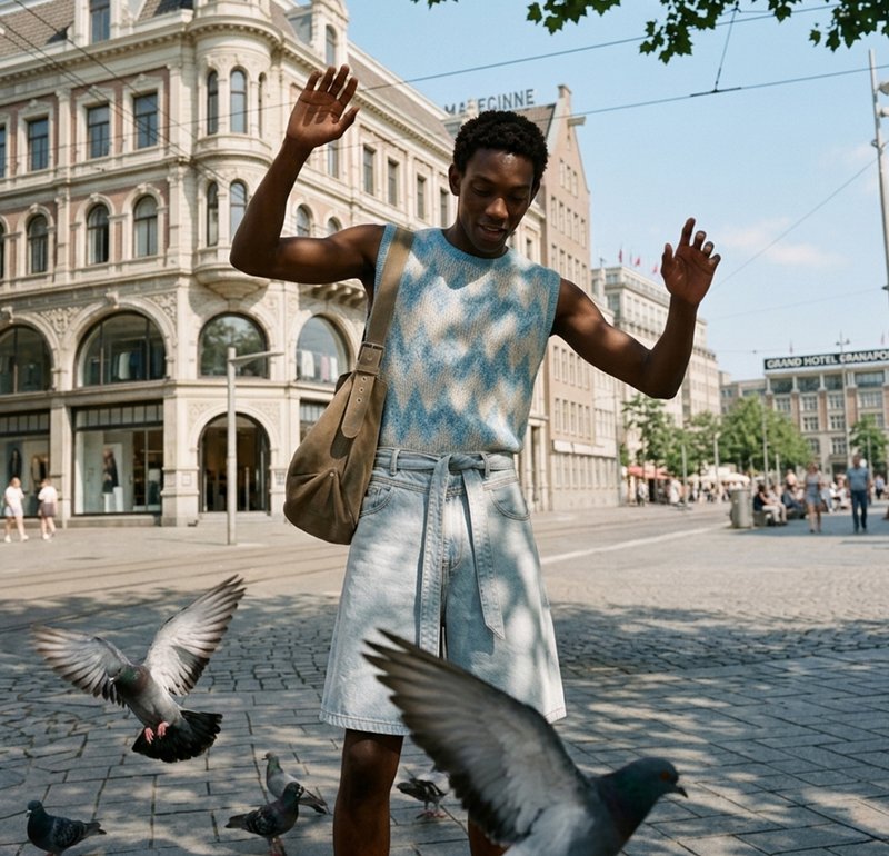 Homme en pull sans manches et short en jean levant les mains alors que des pigeons volent près de lui sur une place urbaine ensoleillée.