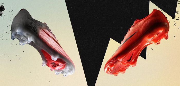 Zwei schwebende Nike Fußballschuhe, einer durchscheinend grau mit roter Sohle und der andere leuchtend rot mit schwarzem Swoosh, vor einem geometrischen schwarzen und beigen Hintergrund.