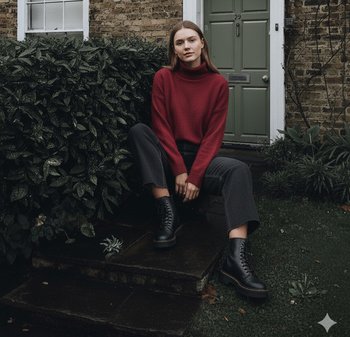 Cizme negre cu șireturi și talpă groasă, asortate cu un pulover burgundy cu guler înalt și pantaloni largi gri, scurtați, așezată pe trepte de piatră.