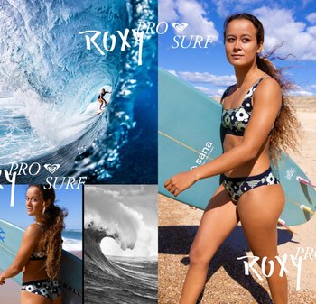 Le bikini Roxy Pro Surf présente un motif floral en bleu marine et blanc, associé à une planche de surf turquoise. L'arrière-plan comprend des vagues océaniques et une plage de sable.