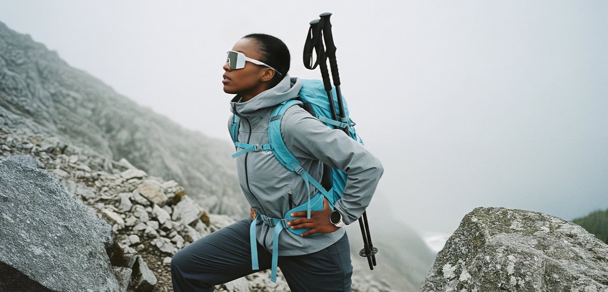 Giacca grigia resistente alle intemperie con cappuccio, zaino turchese e bastoni da trekking, situati su un terreno roccioso con sfondo nebbioso.