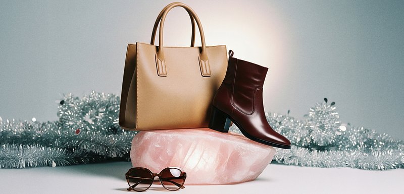 Τα χρυσά δερμάτινα τσάντα, σκούρα καφέ μπότες με χοντρό τακούνι και στρογγυλά καφέ γυαλιά ηλίου σε μια ροζ κρυστάλλινη βάση. Ασημένια γιρλάντα στο παρασκήνιο.
