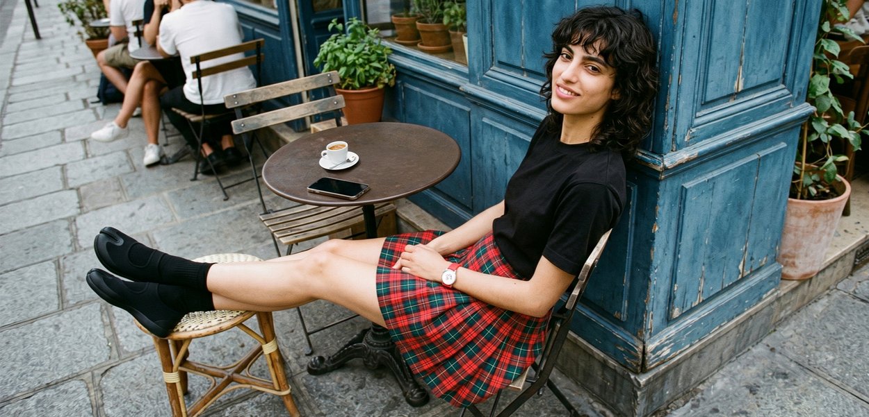 Joven mujer con camisa negra y falda de cuadros roja se sienta con las piernas sobre una silla junto a una mesa con una taza de café y un smartphone fuera de una cafetería.
