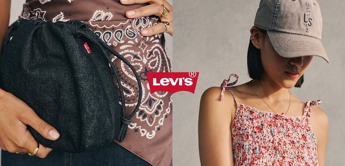 La mano sinistra tiene una borsa nera con coulisse Levi's su tessuto marrone a motivo; il lato destro mostra una donna con una maglia a fiori e un berretto grigio che guarda verso il basso.