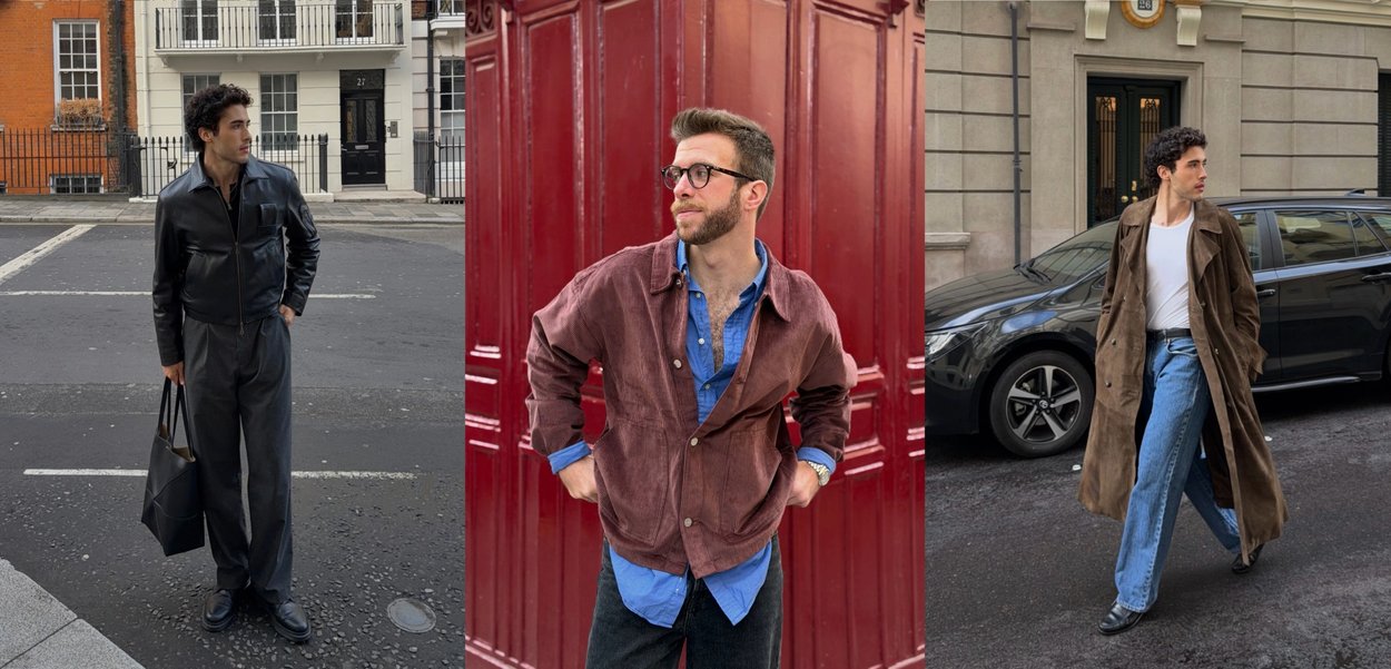 Three men pose outdoors on city streets wearing casual and stylish autumn outfits with coats, leather jackets, and bags.