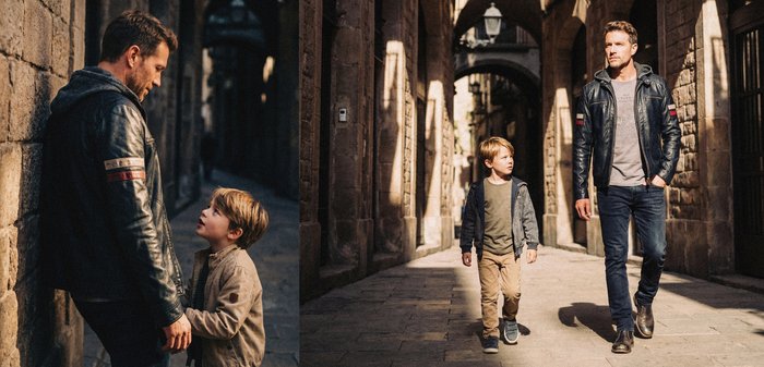 Man in leren jas en jongen in informele kleding die wandelen op een met zonlicht verlichte geplaveide straat met stenen bogen en muren.