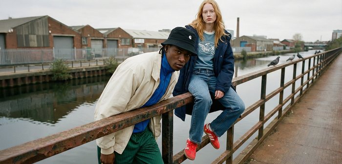 Deux jeunes adultes s'appuient sur une rambarde métallique rouillée au bord d'une zone industrielle, par une journée nuageuse ; l'un porte un chapeau bob, l'autre des baskets rouges vives.