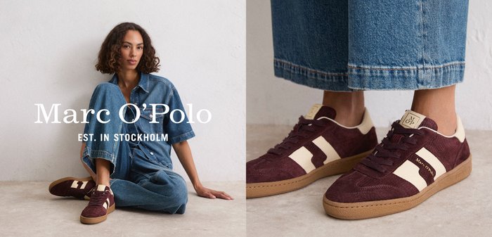 Bordowe zamszowe sneakersy z beżowymi paskami i teksturowanymi akcentami. Z gumową podeszwą i wytłoczonym logo na języku.