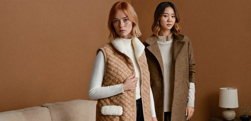 Deux femmes se tiennent à l'intérieur contre un mur marron, portant des gilets et des pulls d'hiver beiges et marron confortables, près d'un canapé beige et d'une lampe blanche.