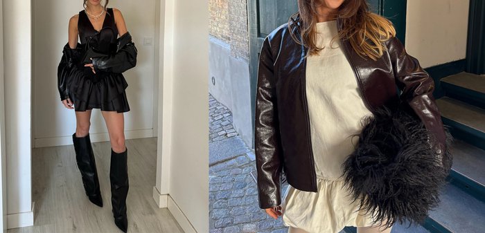 Rochie mini din piele neagră cu tiv plisat, asortată cu cizme negre până la genunchi. O jachetă strălucitoare din piele maro și o geantă pufoasă neagră completează ținuta.