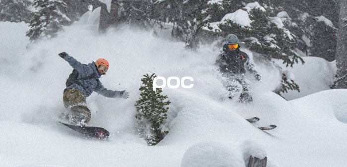 Two individuals snowboard through deep snow, surrounded by snowy trees. One wears a grey jacket and helmet; the other wears a blue jacket.