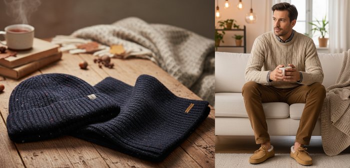 Man in een donkerblauwe gebreide muts en bijpassende nekwarmer, met een groene jas en een beige sweater in zacht buitenlicht.