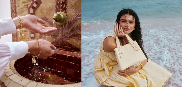 Hände mit goldenen Armbändern, die Wasser auffangen, das aus einem verzierten Löwenkopf-Wasserhahn in ein Mosaikbecken fließt.