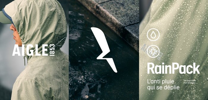 Veste imperméable vert clair avec une capuche, ornée de gouttes d'eau, d'une texture subtile et d'accents bleus contrastants le long des bords.