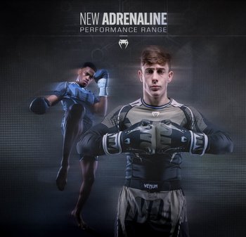 Venum Boxhandschuhe und Sportbekleidung in Schwarz und Grau. Models zeigen Kampfpaar und Kampfsporttechniken vor dunklem Hintergrund.