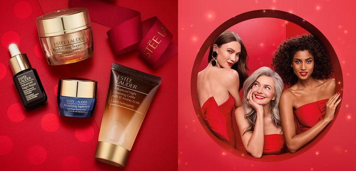 Quatre produits de soins de la peau Estée Lauder sur fond rouge à côté de trois femmes en robes rouges posant à l'intérieur d'un cadre circulaire.