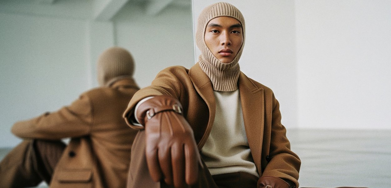 Hnědý vlněný kabát, krémový pletený svetr a béžová žebrovaná kukla; hnědé kožené rukavice s páskovým detailem. Minimalistické pozadí.