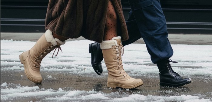 Bottes imperméables couleur fauve avec bordure en fausse fourrure, design à lacets et semelles texturées ; portées avec des bottines en cuir noir sur un sol enneigé.