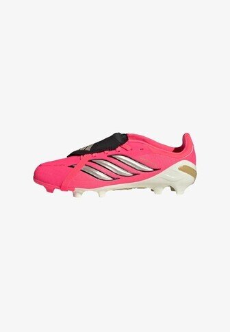 Bright pink soccer cleat with black tongue, silver stripes on the side, and white sole with studs, viewed from the outer side.