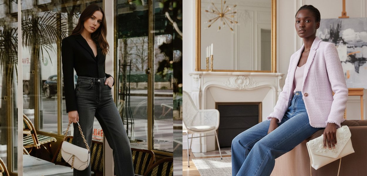 Dos mujeres posan en interiores y al aire libre con blazers y vaqueros, cada una sosteniendo un bolso elegante.