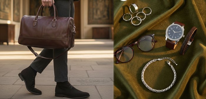 Personne portant un pantalon foncé et des bottes noires marchant à l'intérieur, tenant un grand sac de sport en cuir marron par les poignées.
