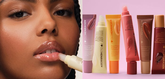 Six OLEHENRIKSEN Pout Preserve Peptide Lip Treatment tubes in pastel shades, each showing creamy product swatches on a pink background.