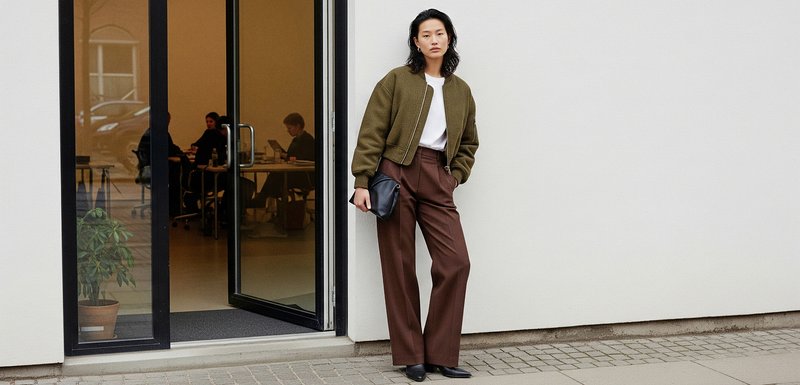 Veste bomber vert olive sur une chemise blanche, pantalon brun taille haute et chaussures noires à bout pointu. Sac à main noir et décor minimaliste.