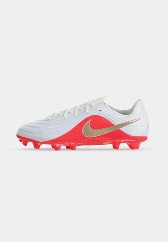 White and red Nike soccer cleat with gold swoosh logo and red studs on the sole, shown from the side on a plain background.