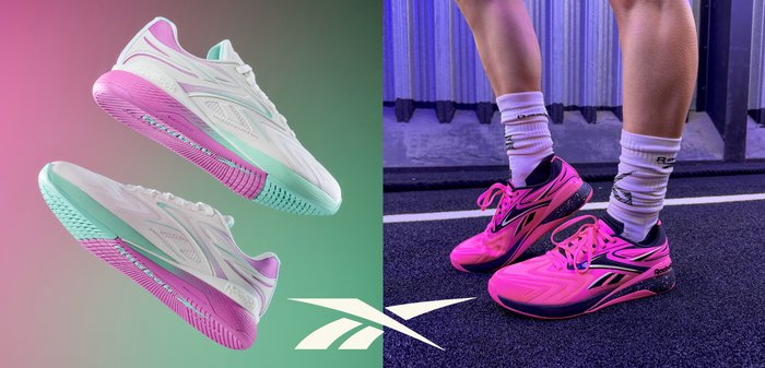 Paar weiße und pastellrosa-grüne Reebok Laufschuhe, die auf einem Farbverlaufshintergrund schweben, neben einer Person, die leuchtend pinke Reebok Schuhe auf der Laufbahn trägt.