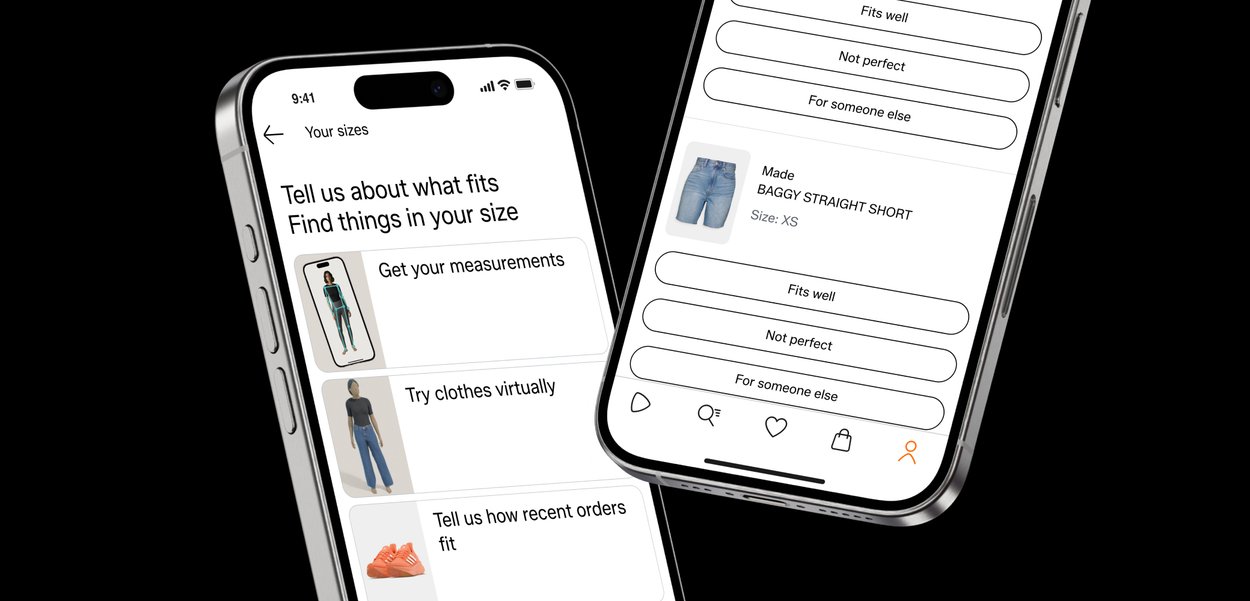 Las pantallas de los smartphones muestran una aplicación de ropa con opciones de retroalimentación de talla: medidas, prueba virtual y valoraciones de ajuste del pedido para pantalones cortos rectos holgados en talla XS.