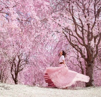 Longue jupe rose avec une texture froncée, associée à un haut blanc ajusté. Entourée de cerisiers en fleurs roses sous un ciel bleu dégagé.